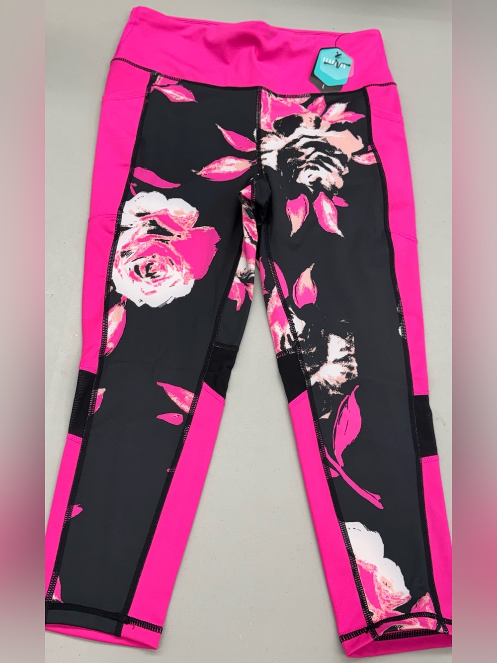LuLaRoe Rise Fearless  Black Leggings with Hot Pink Floral Panels Large